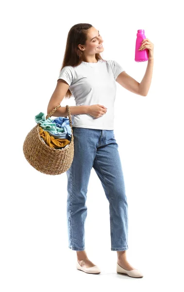 Beautiful Woman Holding Wicker Basket Laundry Detergent White Background — Stock Photo, Image