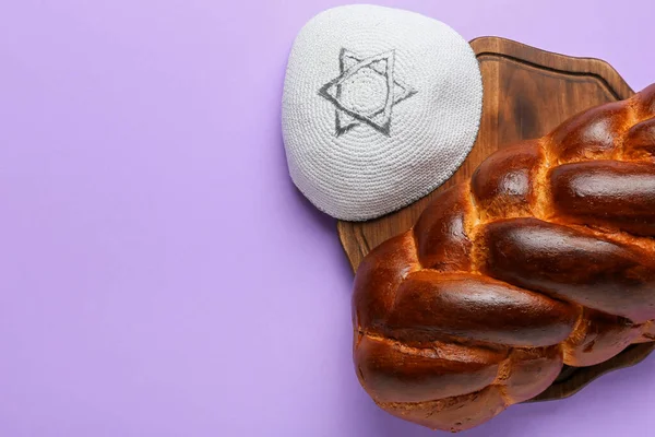 Pane Toscano Tradizionale Con Tappo Ebraico Sfondo Colori Shabbat Shalom — Foto Stock