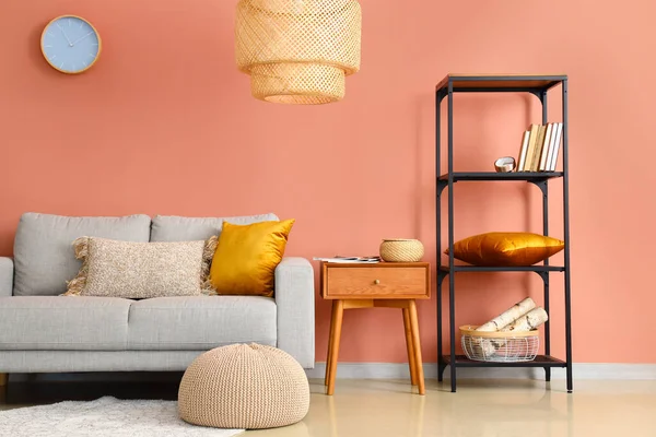 Interior Stylish Living Room Sofa Wooden Table Shelving Unit — Stock Photo, Image