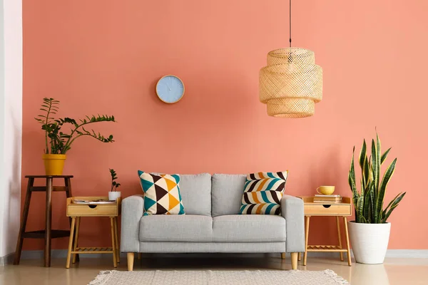 Interior Stylish Living Room Sofa Wooden Table Pink Wall — Stock Photo, Image