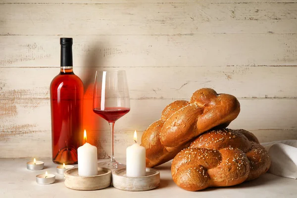 Traditional Challah Bread Wine Glowing Candles White Wooden Background Shabbat — Stock Photo, Image