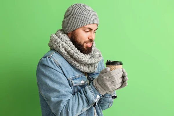 Handsome Man Winter Clothes Coffee Color Background — Stock Photo, Image