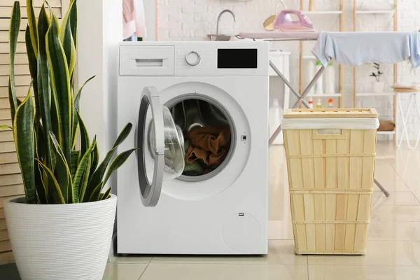Moderní Pračka Prádlem Košíkem Rostlinou Koupelně — Stock fotografie