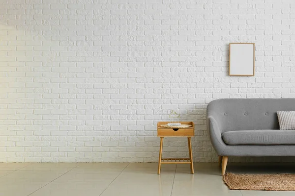Comfortable Sofa Table Stylish Decor White Brick Wall Room — Stock Photo, Image