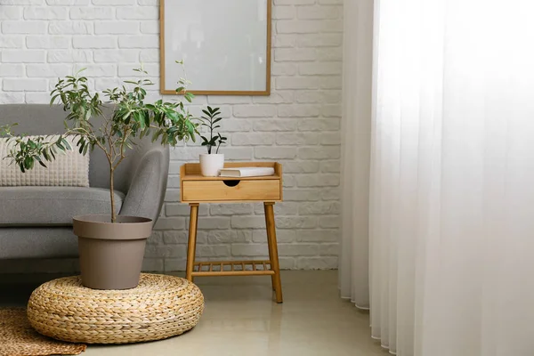 Sofa Houseplant Table White Brick Wall Light Room Interior — Stock Photo, Image