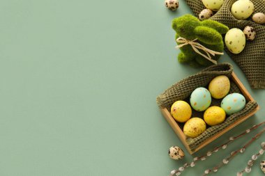 Composition with beautiful Easter eggs, bunny and pussy willow branches on color background