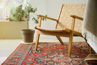 Şık bir koltuk ve oturma odasında eski bir halı.