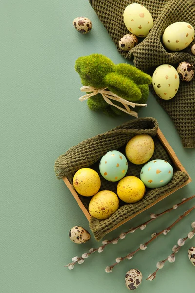 Composition Beautiful Easter Eggs Bunny Pussy Willow Branches Color Background — Foto Stock