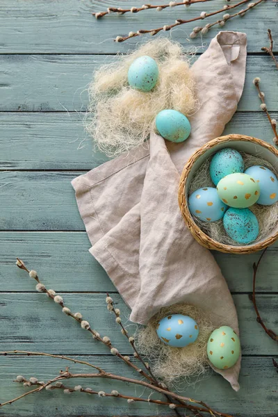 Beautiful Easter Composition Eggs Pussy Willow Branches Color Wooden Background — 图库照片