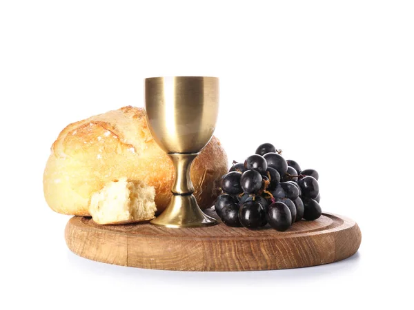 Board Cup Wine Bread Grapes White Background — Stock Photo, Image