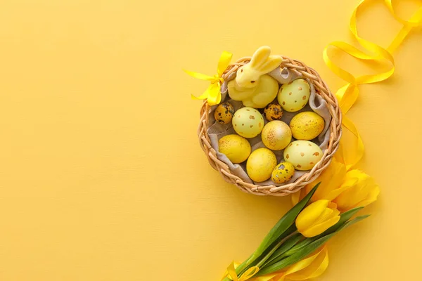 Basket Painted Easter Eggs Bunny Yellow Background — Stock Photo, Image