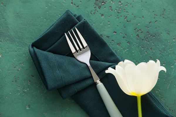 Fork Napkin White Tulip Green Background — Stock Photo, Image