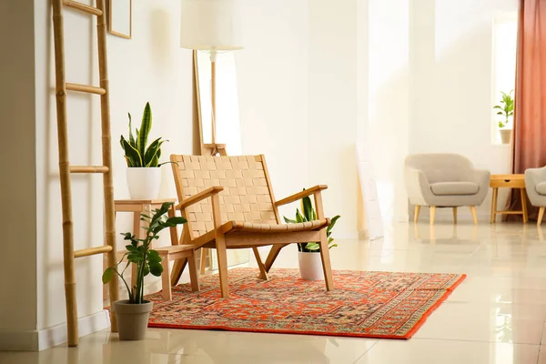 Interieur Des Gemütlichen Wohnzimmers Mit Vintage Teppich Sessel Und Zimmerpflanzen — Stockfoto