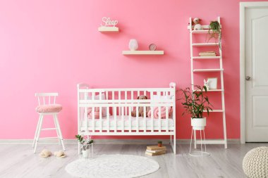 Şık dekorları ve beşiği olan güzel bir çocuk odası.