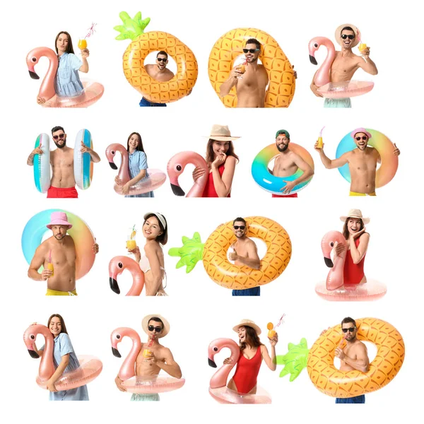Set of people with inflatable rings isolated on white