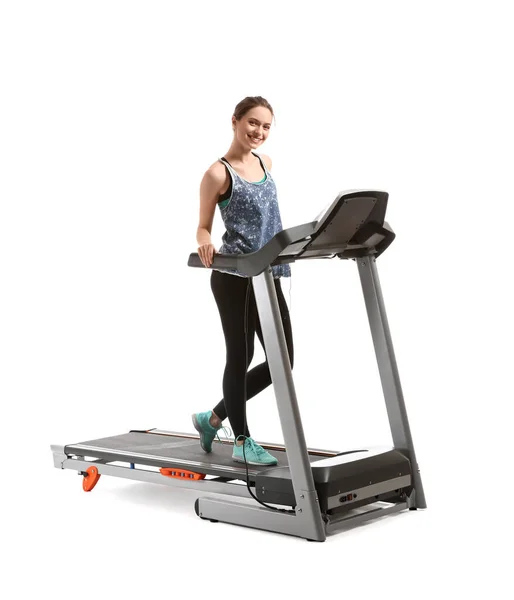 Sporty Young Woman Training Treadmill White Background — Stock Photo, Image