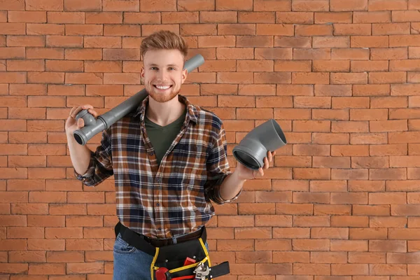 Handsome Plumber Brick Wall — Stock Photo, Image