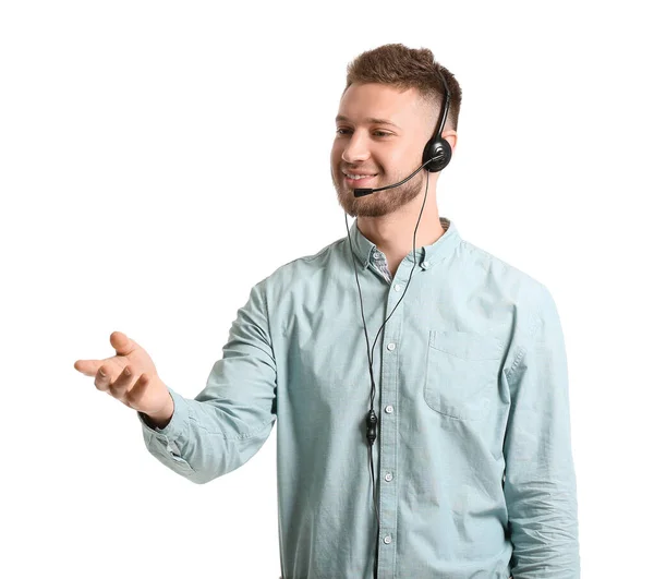 Man Consultant Van Call Center Headset Witte Achtergrond — Stockfoto