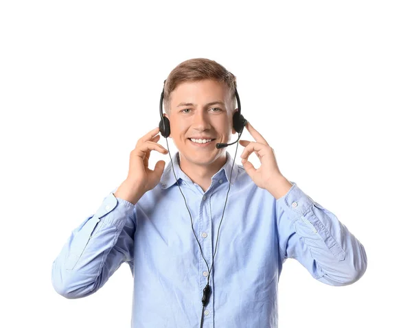 白色背景耳机呼叫中心的年轻顾问 — 图库照片