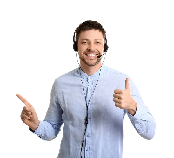 Consultant Call Center Headset Showing Thumb Pointing Something White Background — Stock Photo, Image