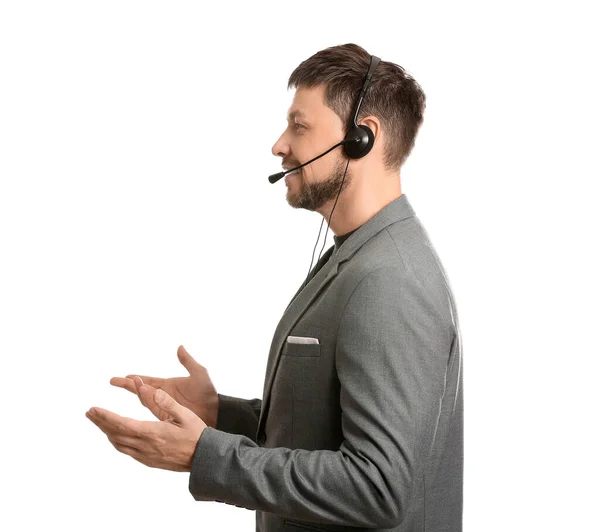 Consultant Van Call Center Pak Met Headset Witte Achtergrond — Stockfoto