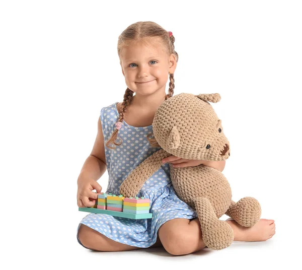 Cute Little Girl Building Blocks Teddy Bear White Background — Stock Photo, Image