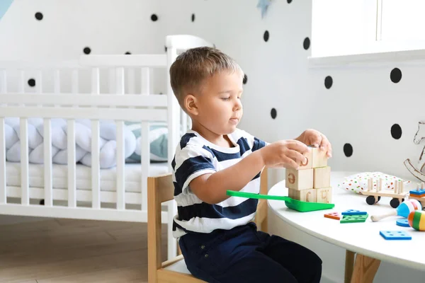 Cute Little Boy Playing Wooden Cubes Home — Stock Photo, Image