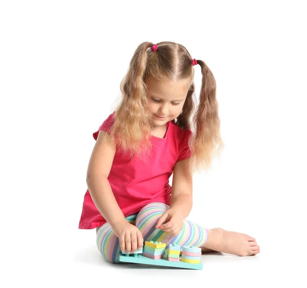 Adorable Little Girl Playing Building Blocks White Background — Stock Photo, Image