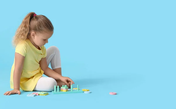 Cute Little Girl Playing Building Blocks Blue Background — Stock Photo, Image