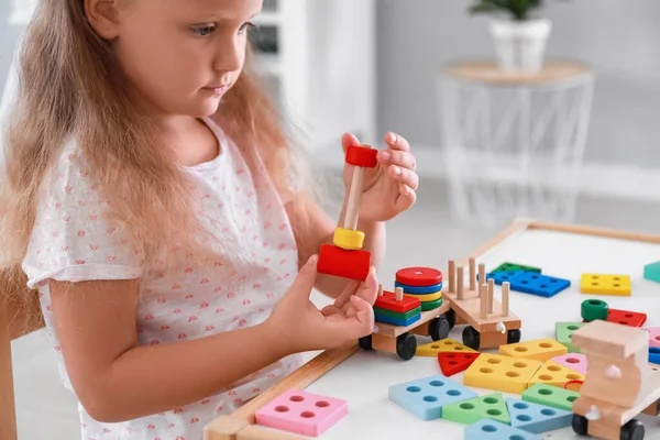 Cute Little Girl Playing Building Blocks Table Closeup — Stock Photo, Image