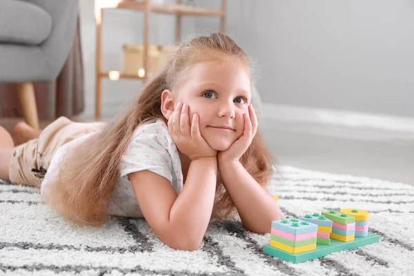 Cute Little Girl Building Blocks Lying Floor Home — Stock Photo, Image