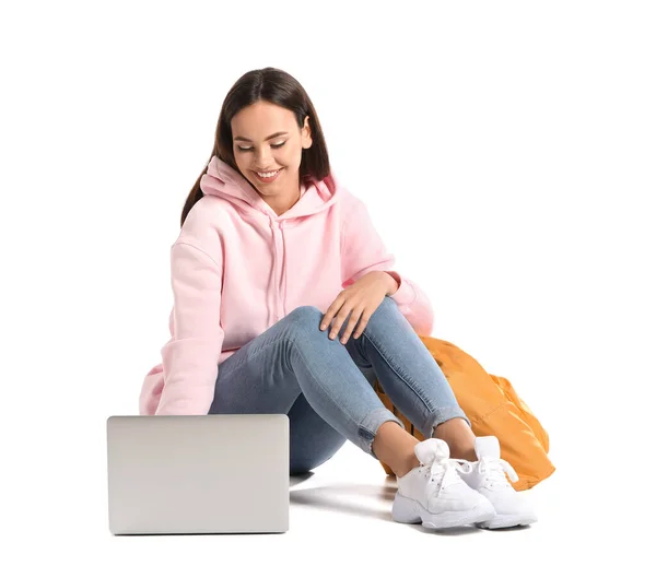 Beautiful Female Student Stylish Hoodie Laptop White Background — Stock Photo, Image