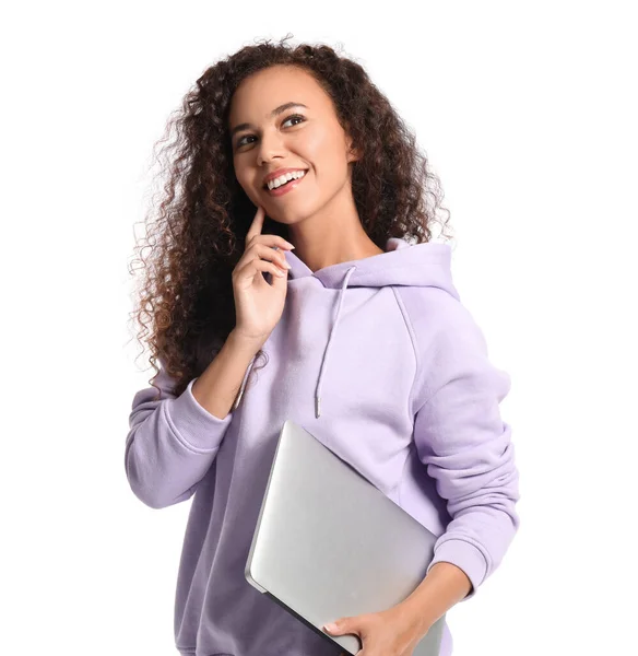 Beautiful Young African American Woman Stylish Hoodie Laptop White Background — Stock Photo, Image
