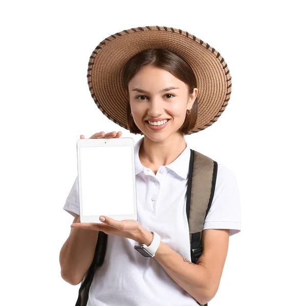 Žena Turista Tabletou Bílém Pozadí — Stock fotografie