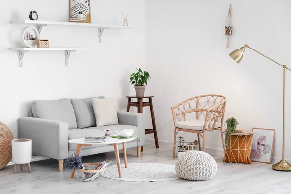 Interior Light Living Room Grey Sofa Wicker Chair — Stock Photo, Image