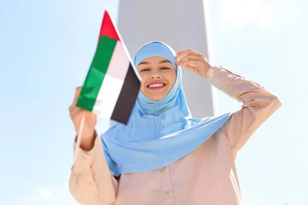 Beautiful Muslim Woman Uae Flag Outdoors — Stock Photo, Image