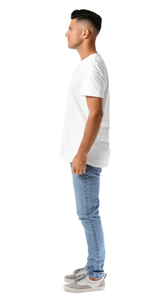 Guapo Joven Elegante Camiseta Aislada Blanco — Foto de Stock