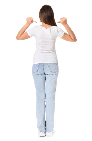 Νεαρή Γυναίκα Λευκό Shirt Λευκό Φόντο Πίσω Όψη — Φωτογραφία Αρχείου