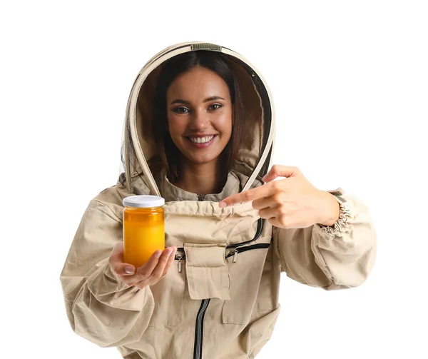 Female Beekeeper Honey White Background — Stock Photo, Image