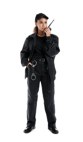 African American Female Security Guard Radio Transmitter White Background — Stock Photo, Image