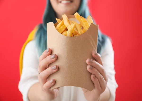 Young Woman Unusual Hair French Fries Color Background Closeup — Stock Photo, Image