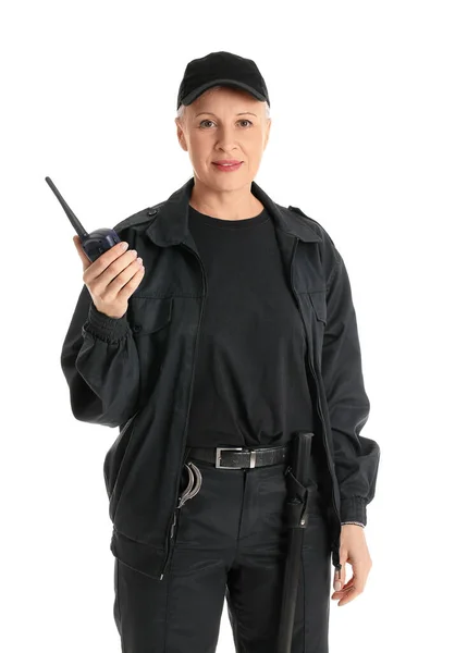 Protetor Segurança Feminino Com Transmissor Rádio Isolado Branco — Fotografia de Stock