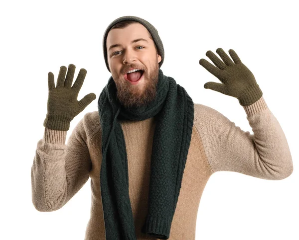 Молодой Бородатый Мужчина Теплых Перчатках Шляпе Шарфе Белом Фоне — стоковое фото