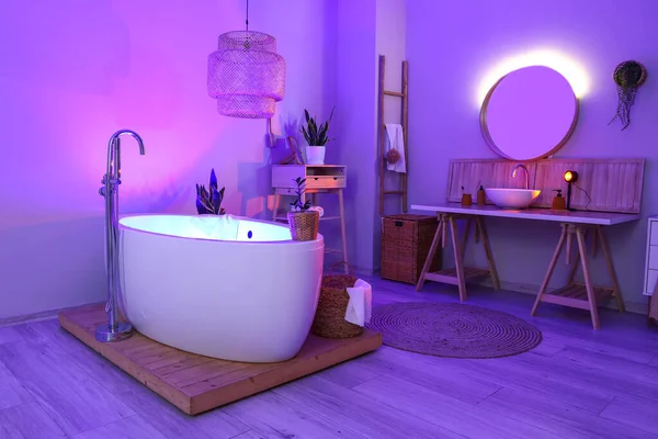 Interior Stylish Bathroom Table Sink Neon Lighting — Fotografia de Stock