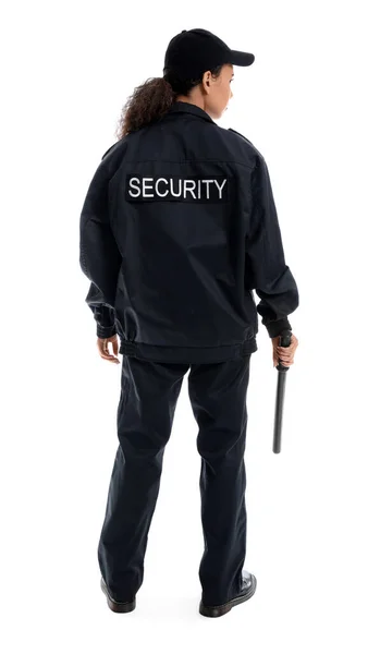 African American Female Security Guard Baton White Background — Stock Photo, Image