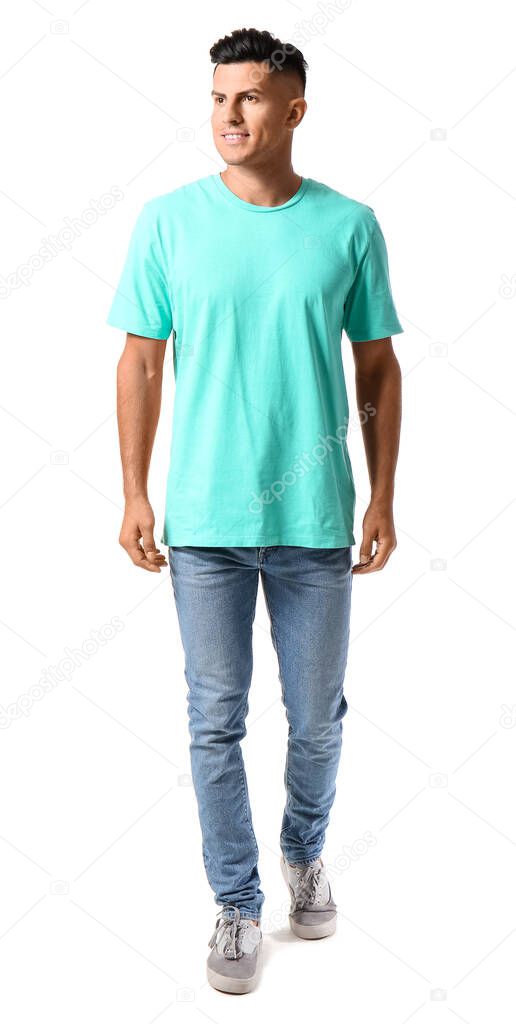 Handsome young man in stylish t-shirt isolated on white