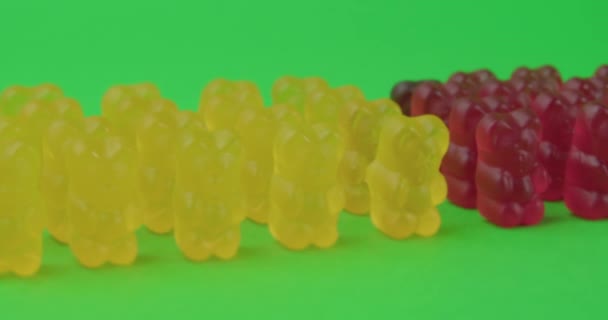 Many Colorful Jelly Bears Green Background Royalty Free Stock Video