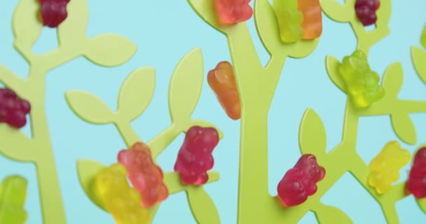 Dekorativer Baum Mit Vielen Gummibärchen Auf Farbigem Hintergrund — Stockvideo