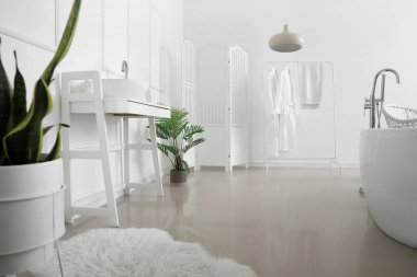Banyonun içinde küvet, lavabo ve bornozlar beyaz duvarın yanında.