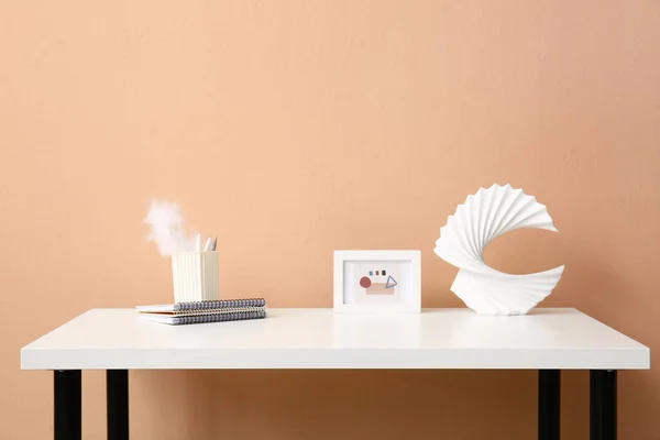 Stationery Supplies Photo Frame Stylish Decor Table Color Wall — Stock Photo, Image